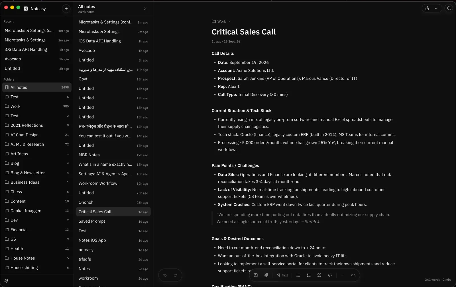 Noteasy on a Mac in dark mode with the sidebar, folders, and a note open