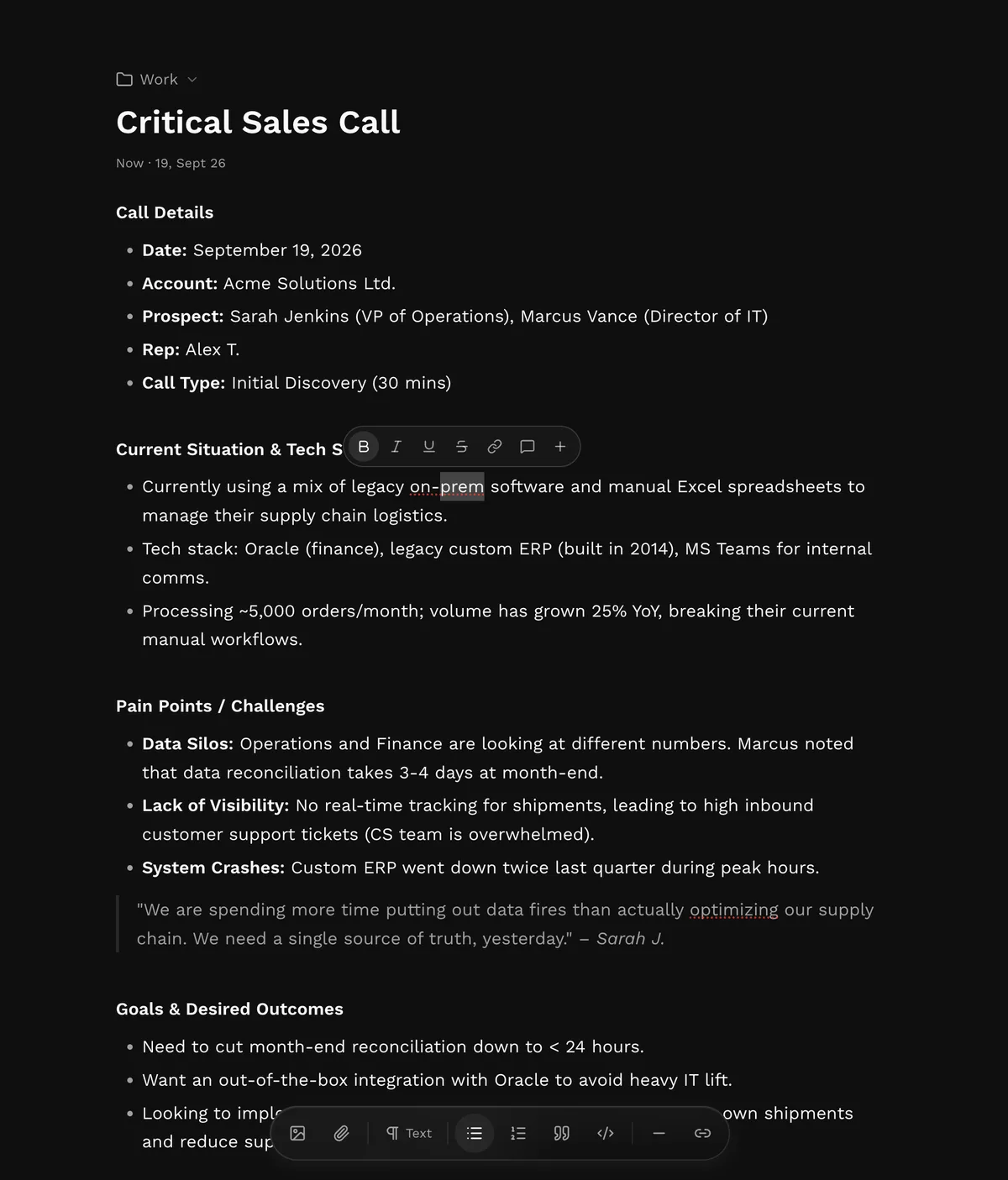The Noteasy editor: a sales call note with the formatting toolbar